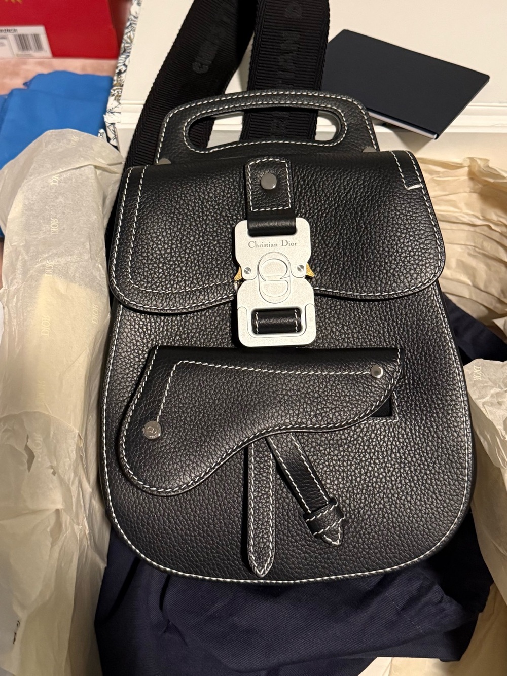 Dior Black Pebbled Leather Messenger Bag with Silver Hardware